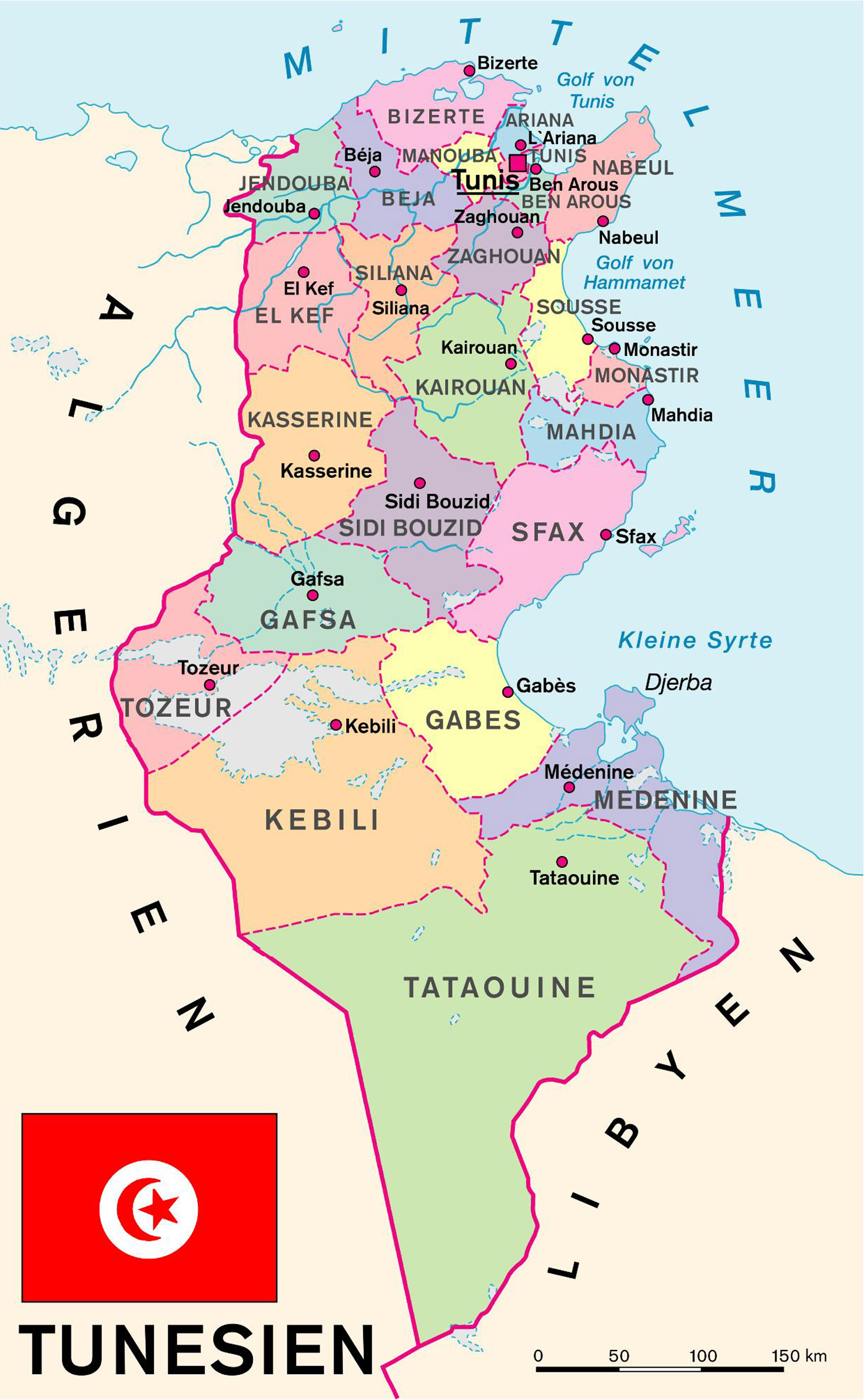 Die Karte zeigt die administrative Gliederung des Landes mit den regionalen Hauptstädten.
