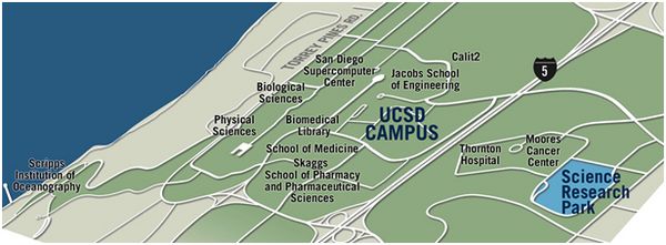 Die Grafik zeigt eine Karte des USCD Science and Research Parks samt Umgebung.