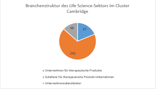 Branchenstruktur des Life Science-Sektors im Cluster Cambridge Das Diagramm zeigt die Branchenstruktur des Life-Science-Sektors im Cluster Cambridge. Darin wird deutlich, dass der Großteil der Life Science-Unternehmen den Zulieferern für therapeutische Produkt-Unternehmen zugerechnet werden kann.