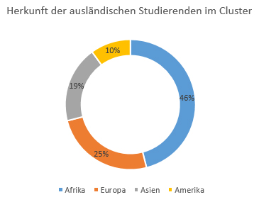 In dem Diagramm wird anteilig die Herkunft ausländischer Studierender im Cluster dargestellt. Dabei fällt auf, dass fast die Hälfte der ausländischen Studierenden (46 Prozent) aus Afrika stammen, 25 Prozent stammen aus Europa, 19 Prozent aus Asien und 10 Prozent aus Amerika.