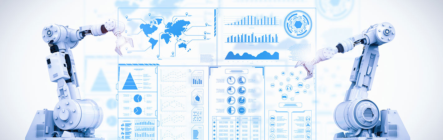 Das Schmuckbild zeigt zwei Roboterarme sowie illustrative Statistiken und Diagramme.