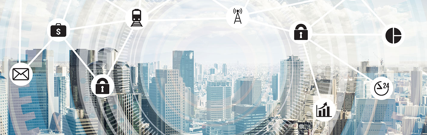 Das Bild zeigt eine Skyline im Hintergrund und ein Netz aus neun Symbolen zu Themen wie Infrastruktur, Wirtschaft, Digitale Vernetzung, Sicherheit.