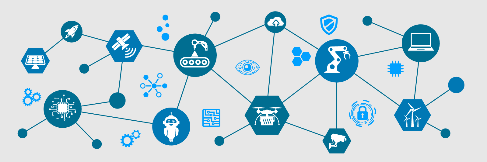 Grafik zum Digitalen Wandel (Icons zu Robotern, Künstlicher Intelligenz, Clouds, Verschlüsselung)