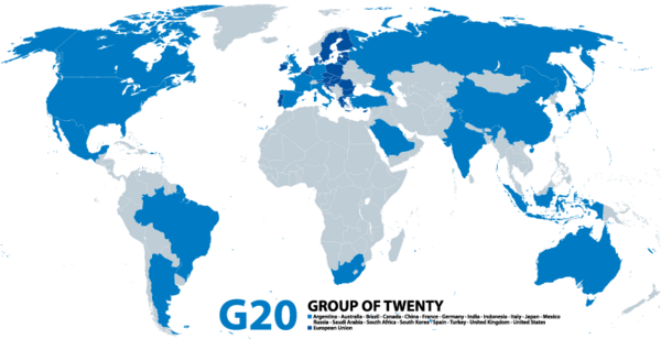 Weltkarte mit den markierten Staaten der G20