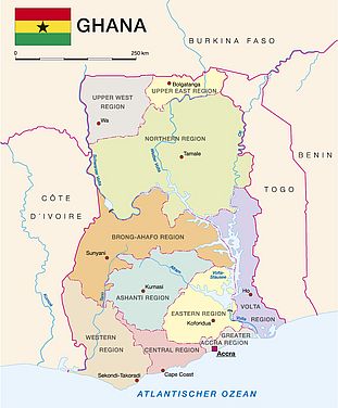 Die Karte zeigt die administrative Gliederung des Landes mit den regionalen Hauptstädten.